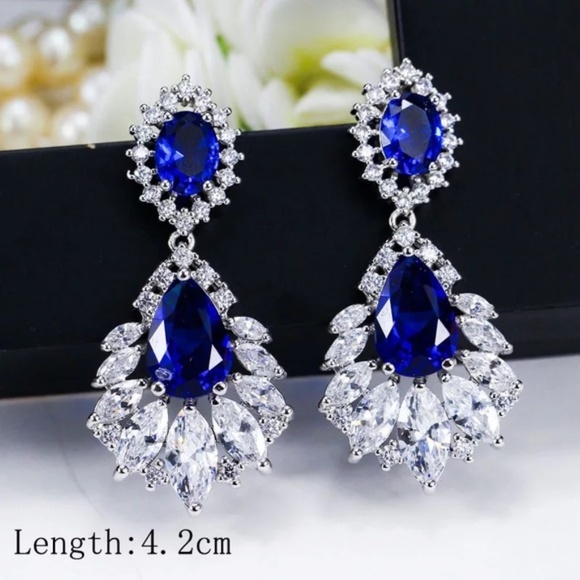Blue Tear Drop Sapphire Crystal Silver Earrings - Picture 6 of 16